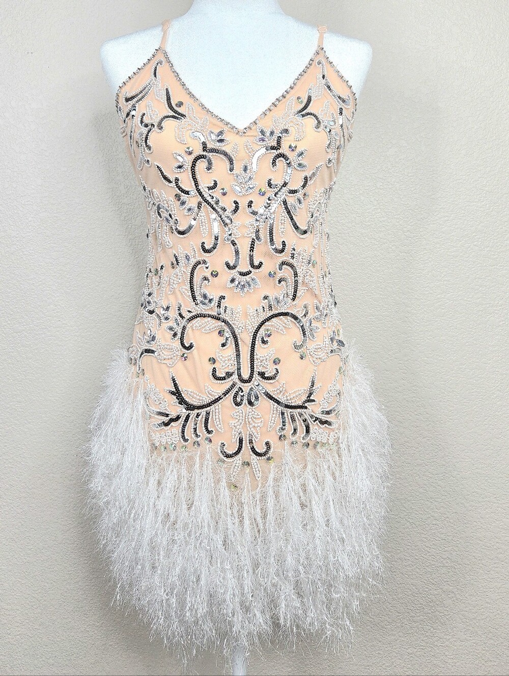 Beaded Feather Hem Nude Cocktail Dress